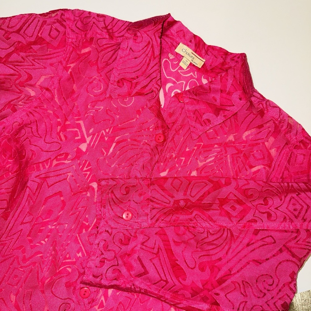 Choices Woman Sheer Burnout Blouse Pink 1X 3/4 Sleeve Button Up Linen Blend